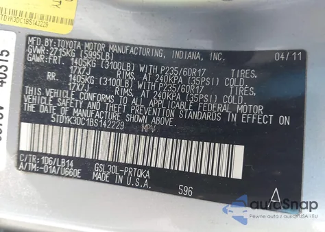 2011 Toyota Sienna Xle V6 from USA, damaged, VIN 5TDYK3DC1BS142229